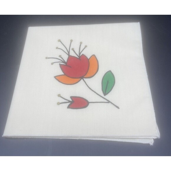 Cream Cloth Napkins W/ Bright Stenciled Flowers Orange Red Flowers 14.5” - 4 - Picture 3 of 7